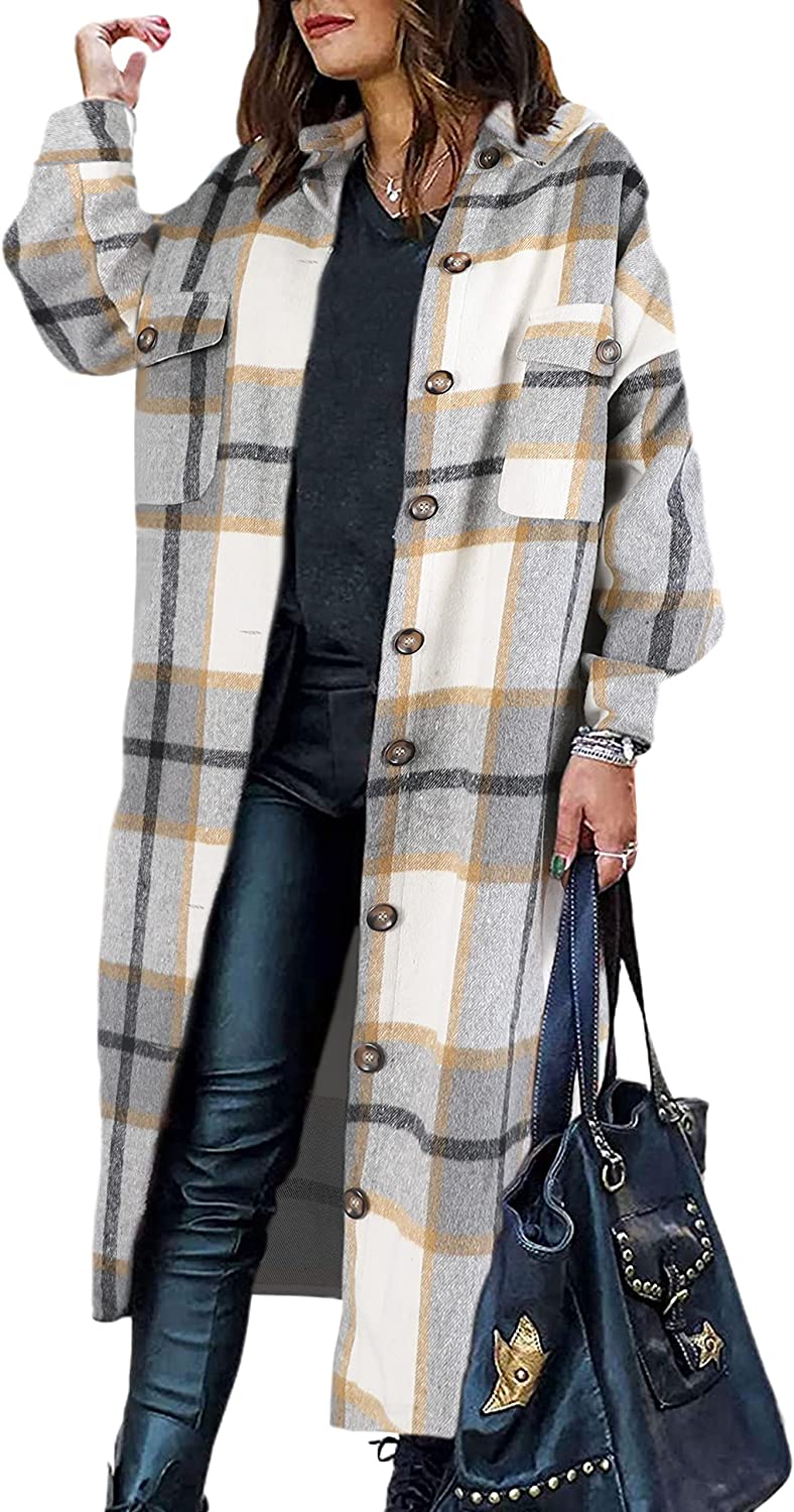 Himosyber Women's Casual Plaid Lapel Woolen Button Up Pocketed Long ...