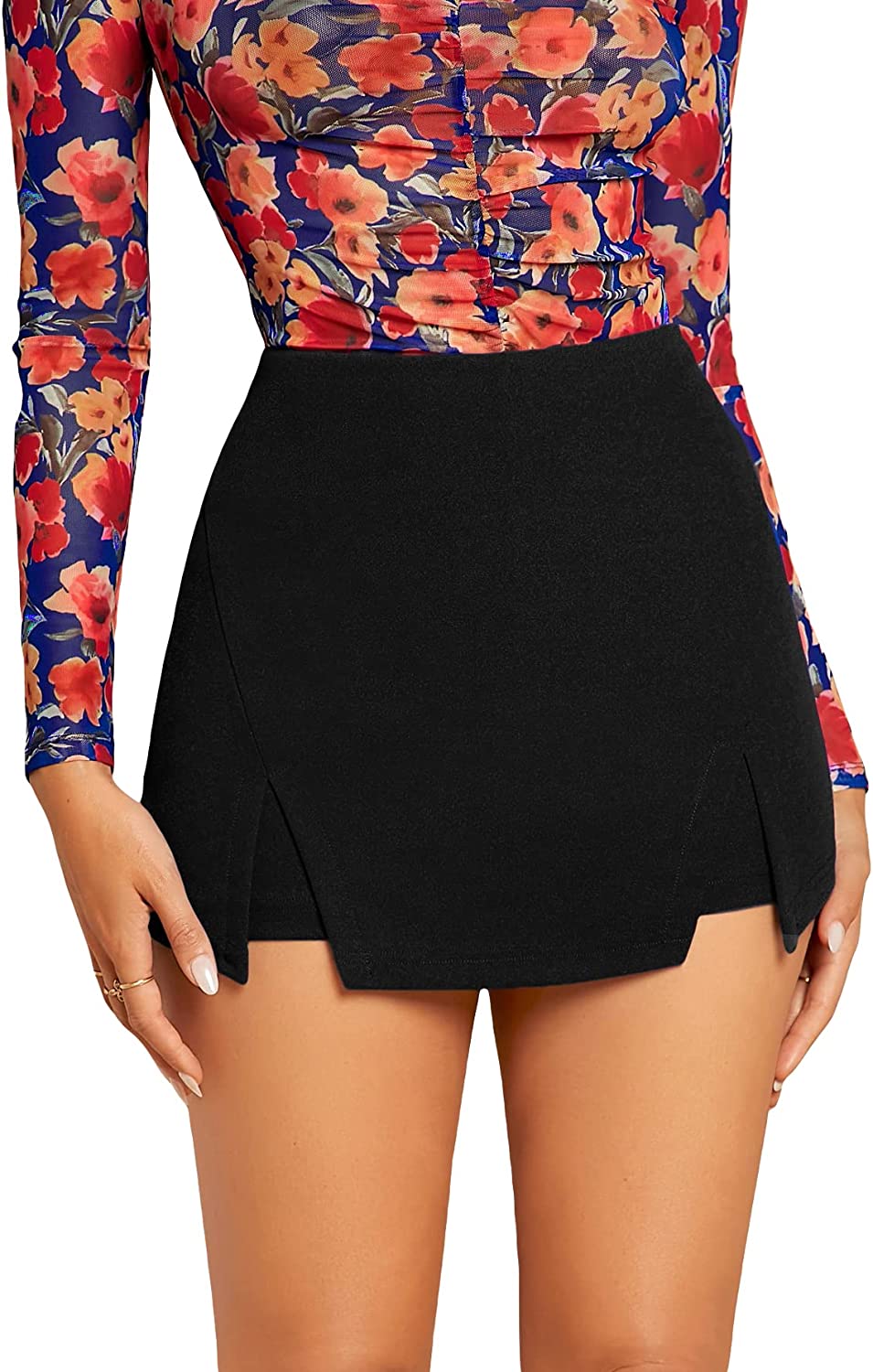 WDIRARA Women's High Waist Split Hem Skort Zip Back Plain Skirt Shorts