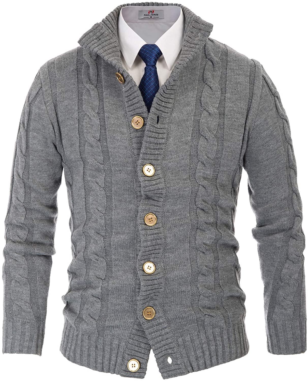 Mens Casual Stand Collar Cardigan Button Down Cable Knitted Sweater