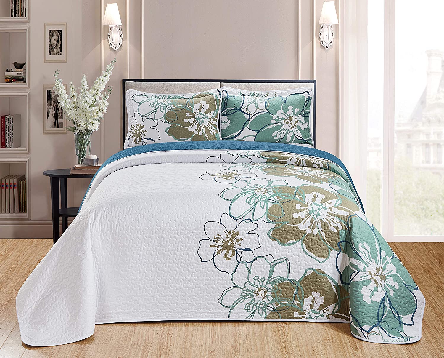 Details about   Home Collection Quilt Bedspread Set Over Size Flowers Printed Grey Turquoise Kin 