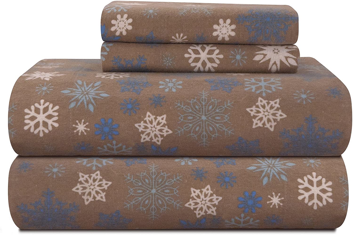 Pointehaven Heavy Weight Printed Flannel Sheet Set Queen Snow Flakes/Tan Flannel-QUN-Snow-Flakes-Tan