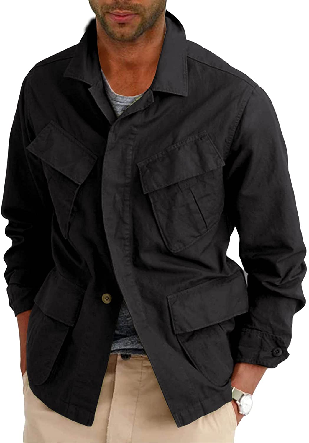 Mens Lightweight Safari Jacket Button Up Cotton Outdoor Military