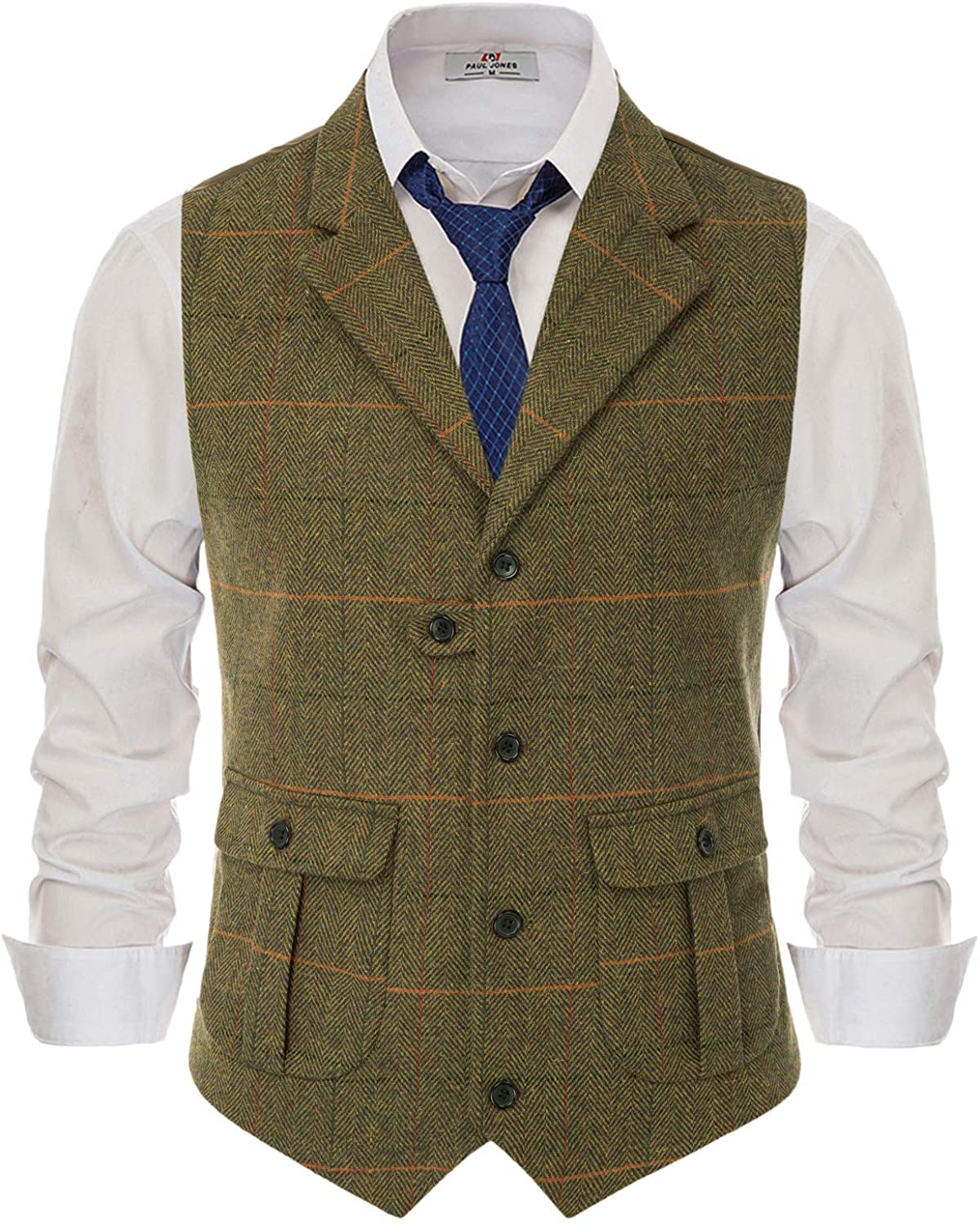 Mens Herringbone Tweed Suit Vest Vintage Wool Blend Notch Lapel Waistcoat  Vests