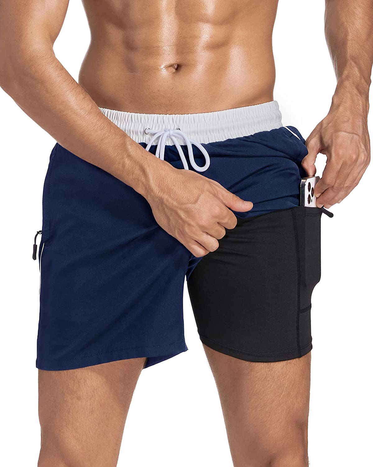 difficort Mens Swim Trunks with Compression Liner 5 Inch Inseam Bathing  Suits Be