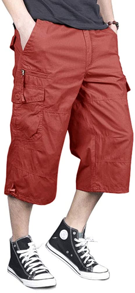 MAGNIVIT Men's Capri Long Cargo Shorts Casual Twill Elastic Below Knee Shorts Loose Fit Multi-Pocket 