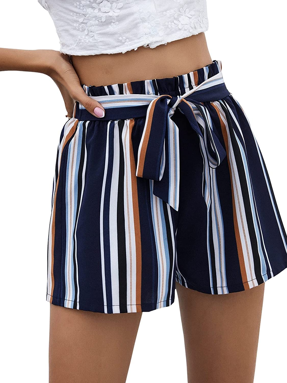 Milumia Womens High Waist Paper Bag Elastic Waist Casual Beach Shorts with Pockets