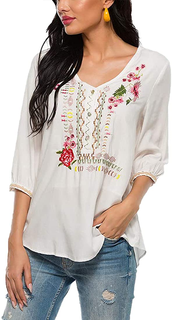 Women Embroidery Boho Shirt 3/4 Sleeve Mexican Bohemian Tops Tunic Blouse