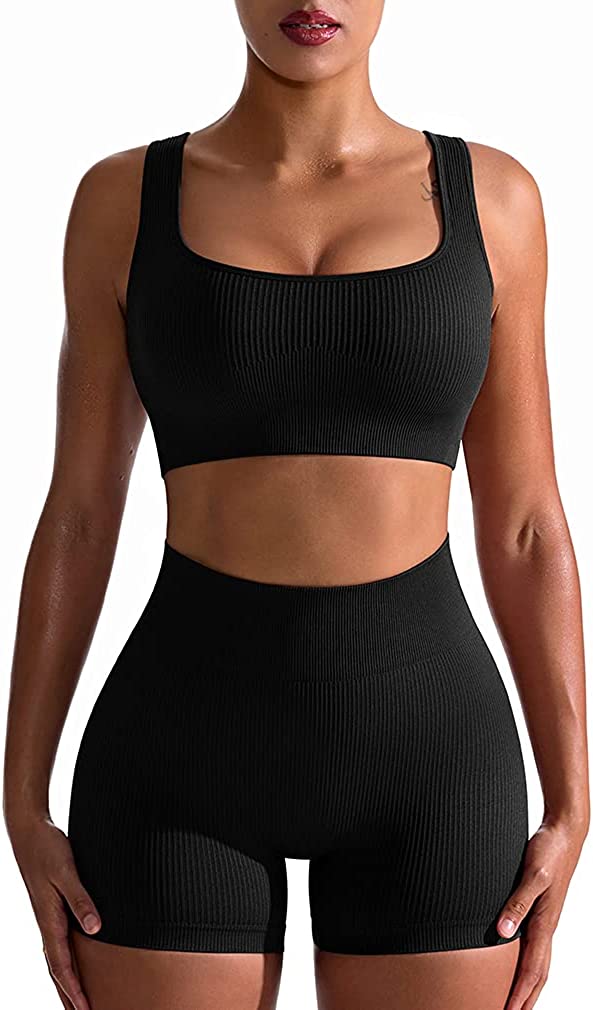 OQQ Yoga Outfits for Women 2 Piece Seamless Ribbed Workout High Waist  Leggings with Crop Top Exercise Set