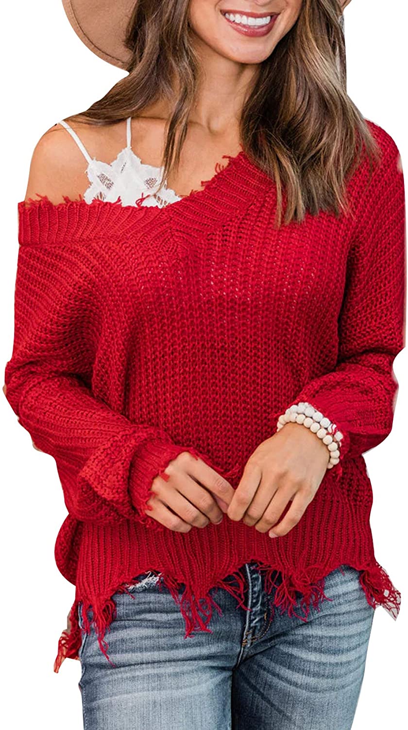 LEANI Women's Loose Knitted Sweater Long Sleeve V-Neck Ripped Pullover  Sweaters Crop Top Knit Jumper, A-grey, Small : : Clothing, Shoes &  Accessories