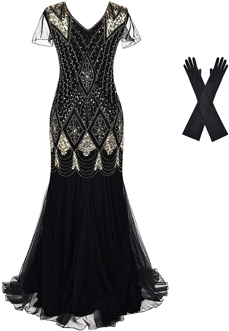 Amazon.com: Women 1920s Gatsby Flapper Dress Long Promaifuu Evening Gowns  Beaded Sequin Mermaid Hem Ball Party Costume Plus Size (All Black, S) :  Clothing, Shoes & Jewelry