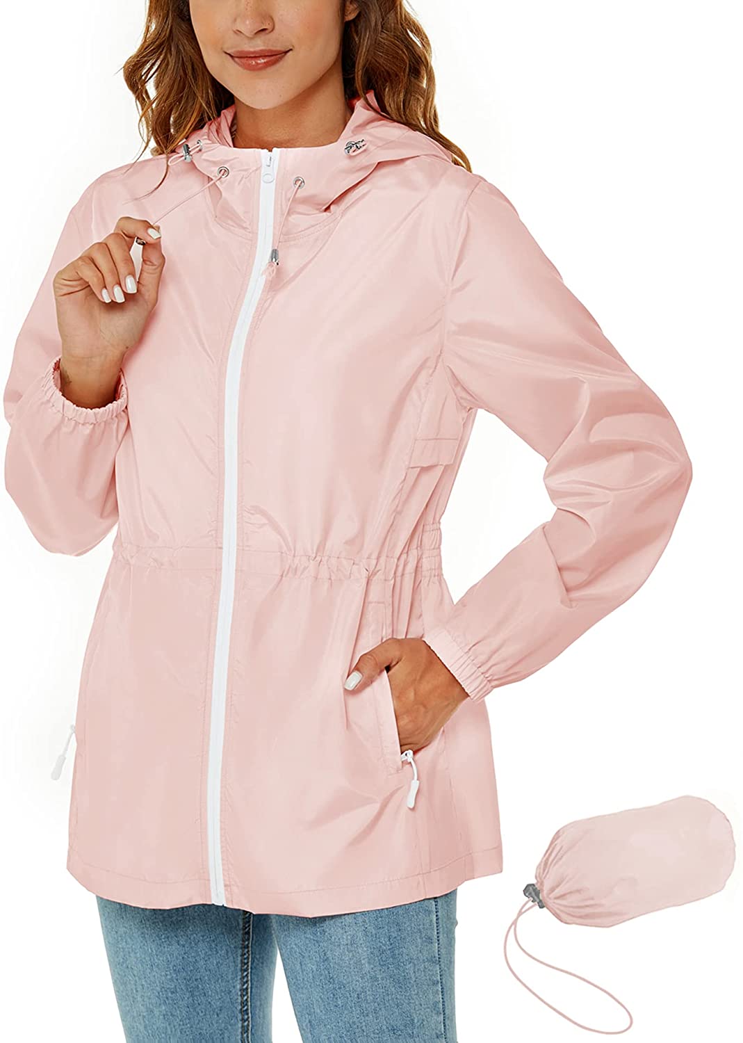Avoogue Raincoat Women Lightweight Waterproof Rain Jackets Packable Outdoor Hooded Windbreaker 