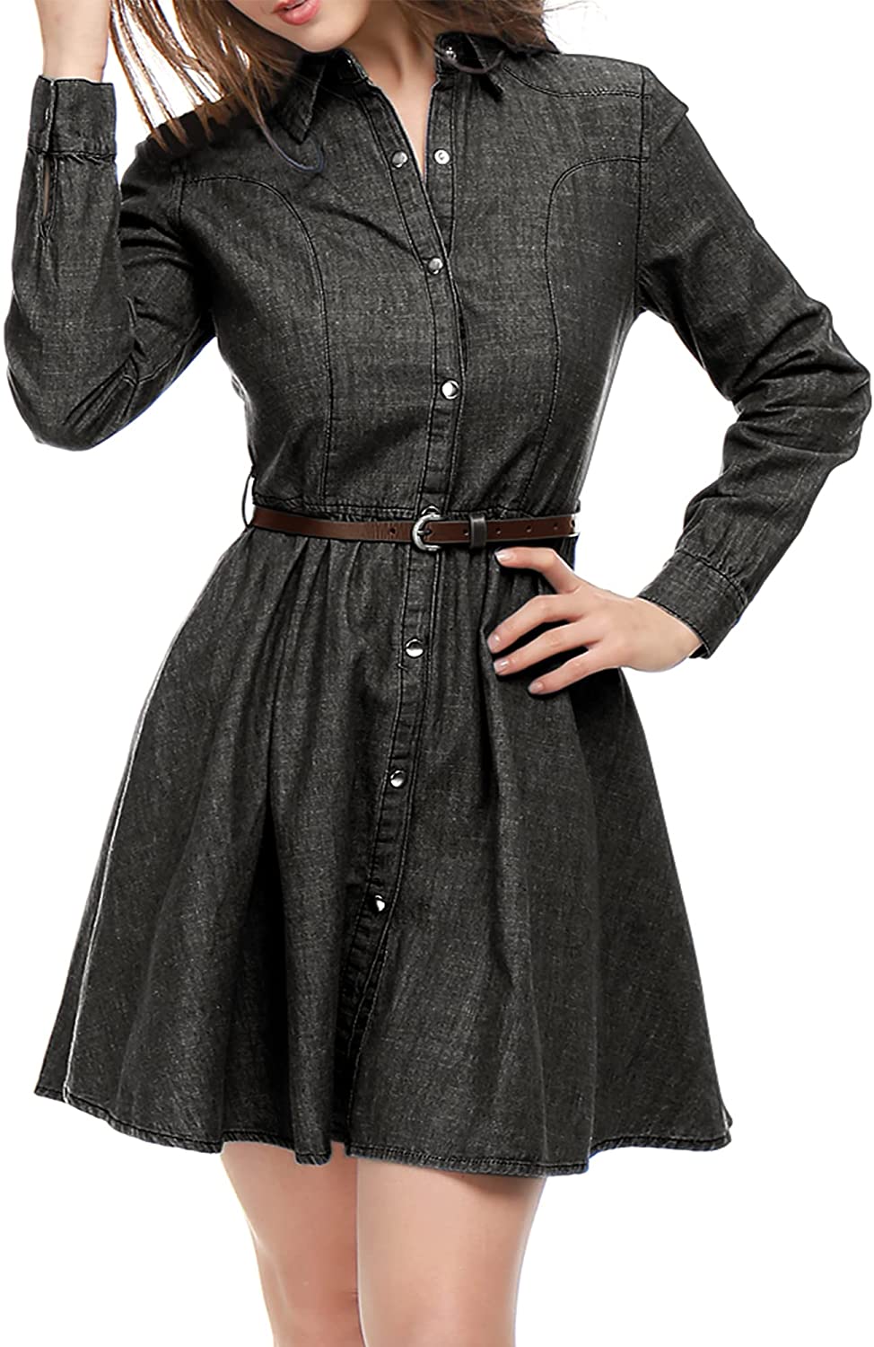 Allegra K Womens Denim Dress Button Down Belted Pleated Flare A-line Shirt  Dress レディース