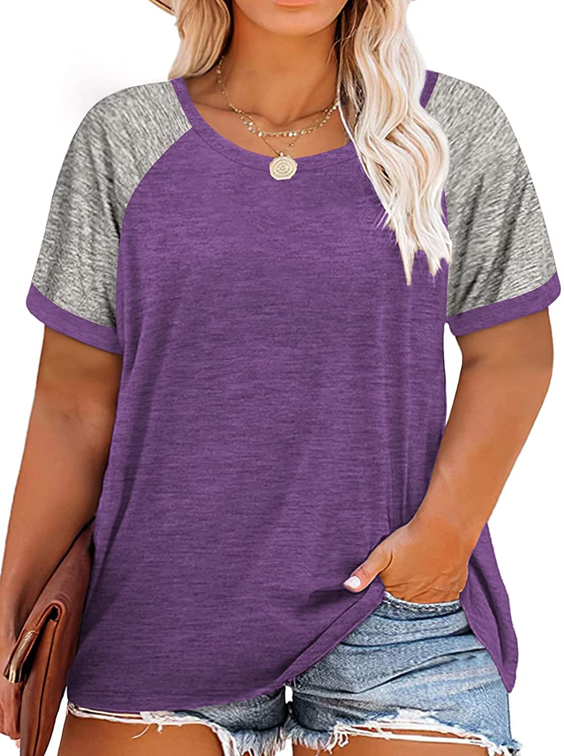 Womens Plus Size Raglan Crewneck Tee Shirt Color Block Short Sleeve Tunic T-Shirt Casual Loose Blouses Tops 