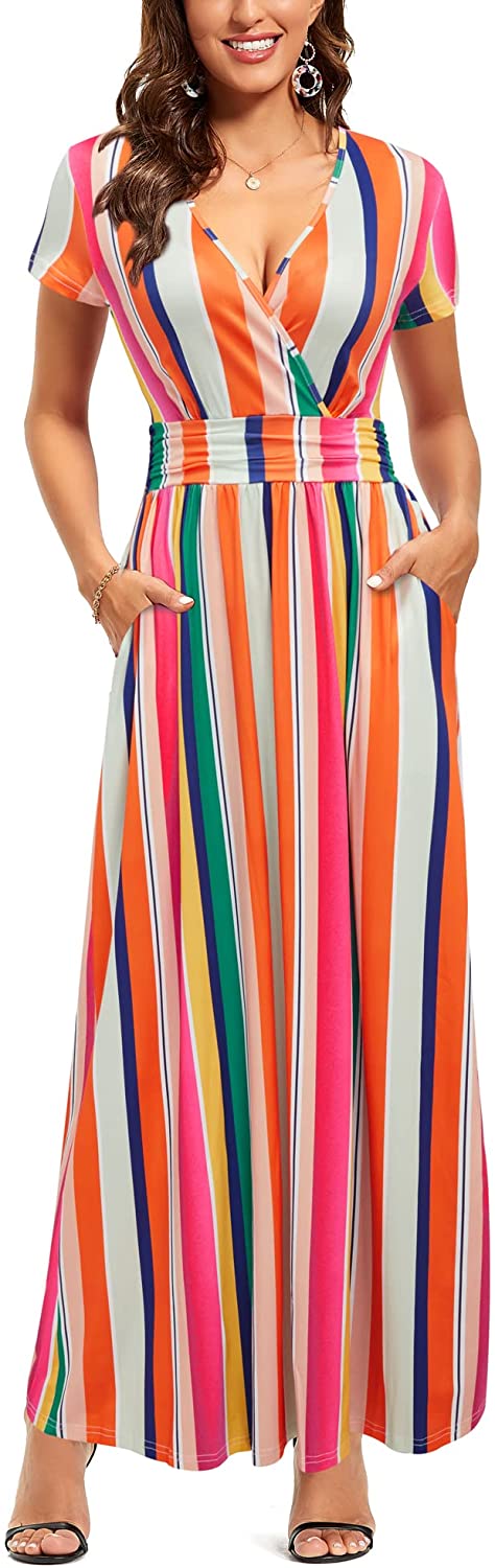 OUGES Women's V-Neck Pattern Pocket Maxi Long Dress