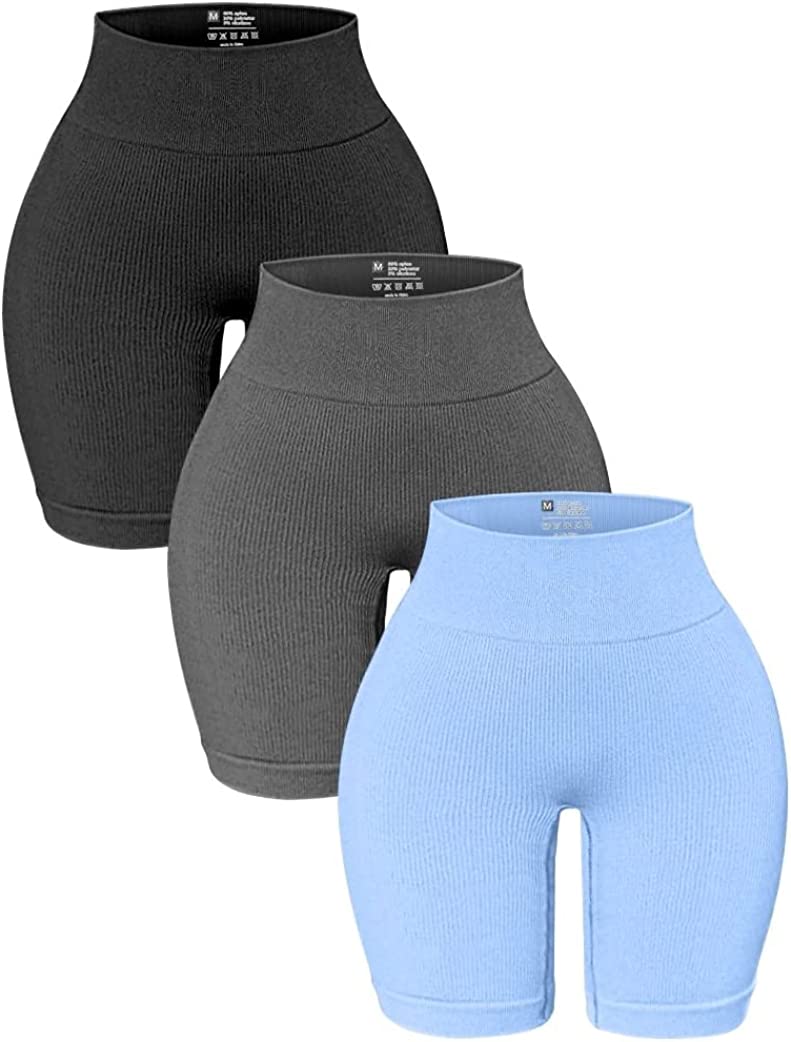 OQQ 3 Pack High Waisted Yoga Shorts for Women Ribbed Seamless Tummy Control  Work