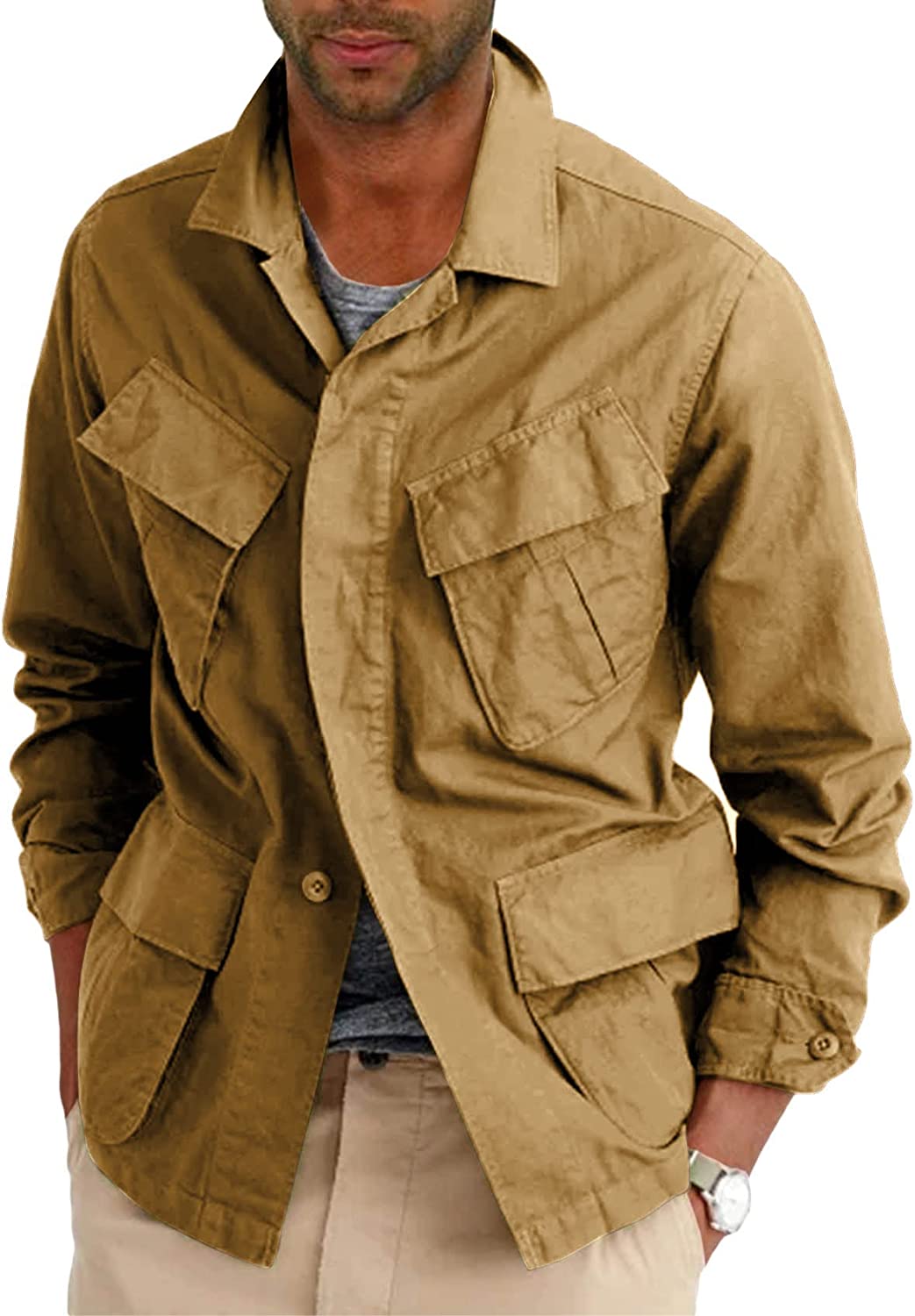 Mens Lightweight Safari Jacket Button Up Cotton Outdoor Military Zip Up  Cargo Lo