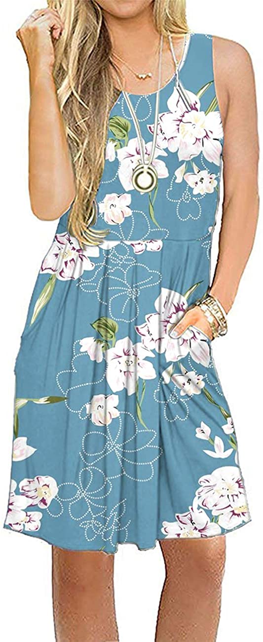 AUSELILY Womens Sleeveless Pleated Loose Swing Casual Dress with Pockets Knee Length