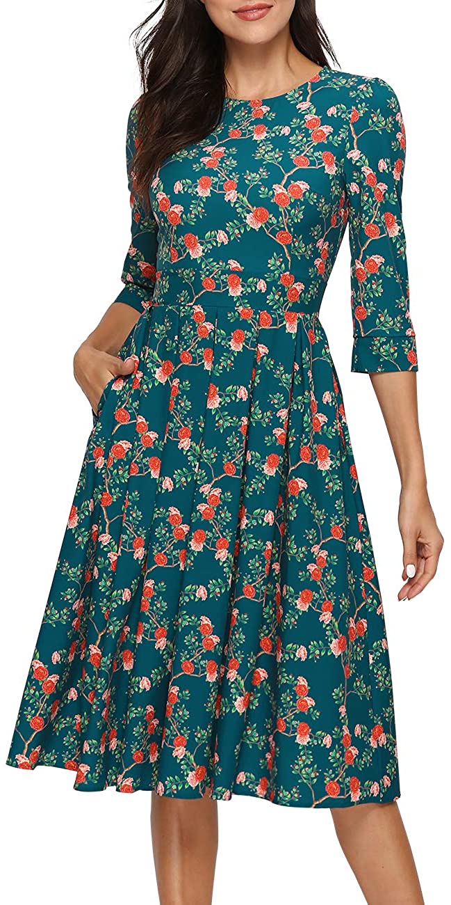 Simple Flavor Women's Floral Vintage Dress Elegant Midi Evening Dress 3/4  Sleeve | eBay
