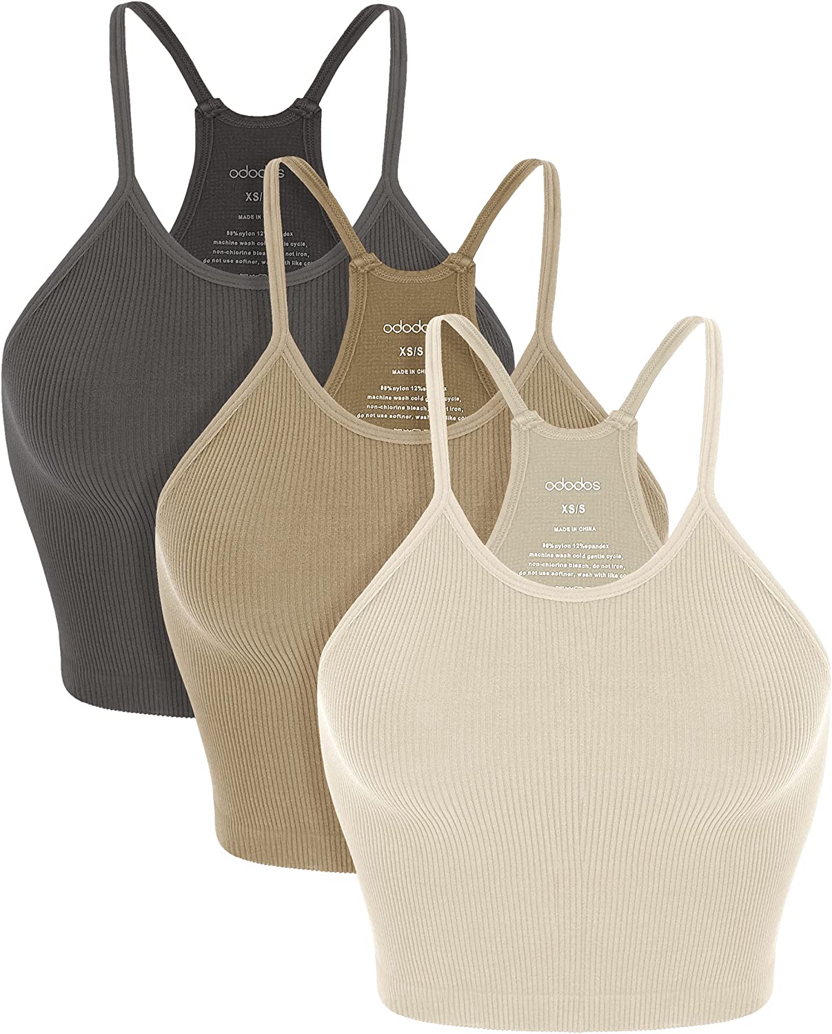 ODODOS Women's Crop 3-Pack Washed Seamless Rib-Knit Camisole Crop