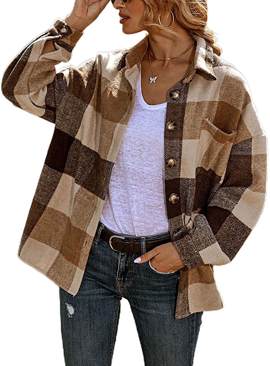 chouyatou Women's Oversized Casual Button Down Plaid Shirt Jacket Flannel  Shacke