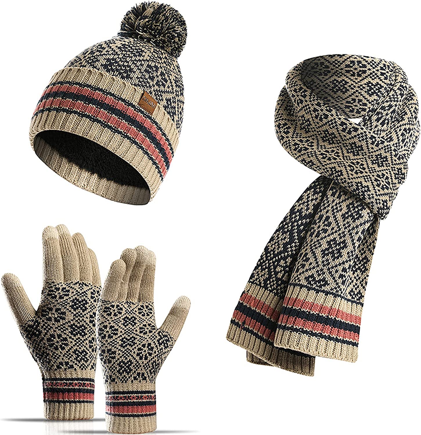 Women's Winter 3 Piece Cable Knit Beanie Hat Gloves & Scarf Set