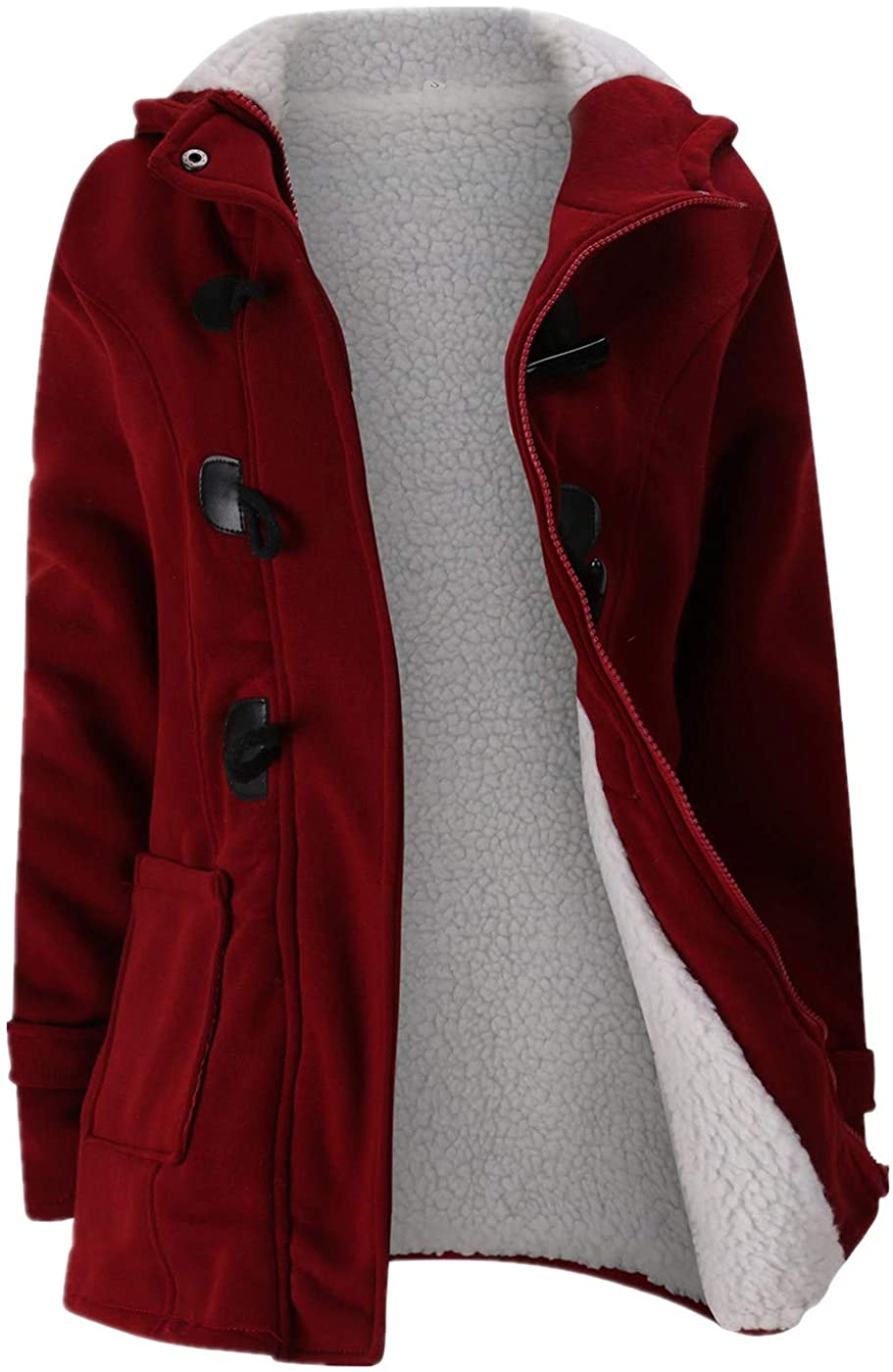JiangWu Womens Fashion Horn Button Fleece Thicken Coat with Hood Winter Warm Jacket 