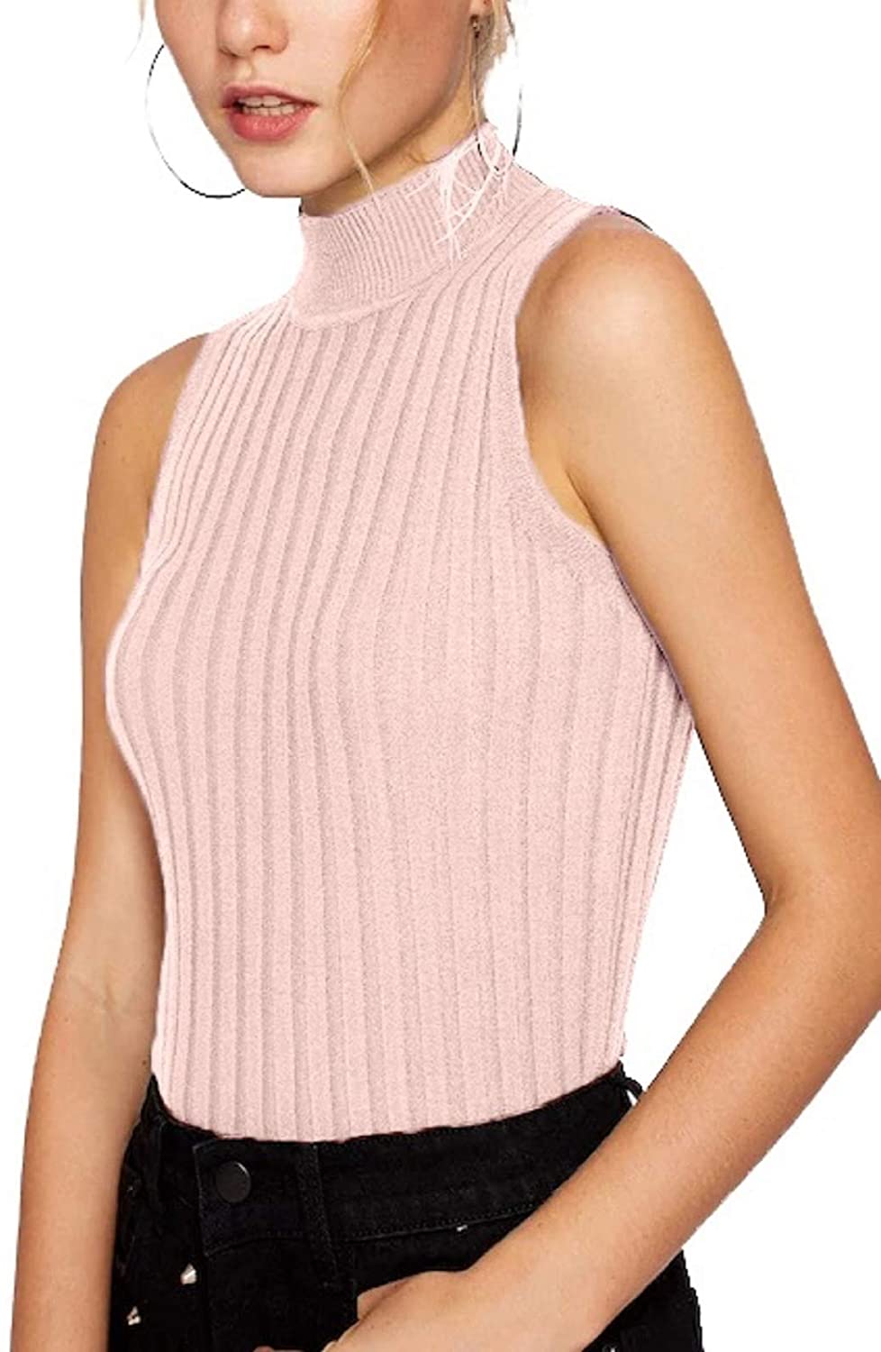 Nicetage Women's Mock Neck Sleeveless Slim Fit Ribbed Knit Tees T-Shirts  HS171-156-3Beige at  Women's Clothing store