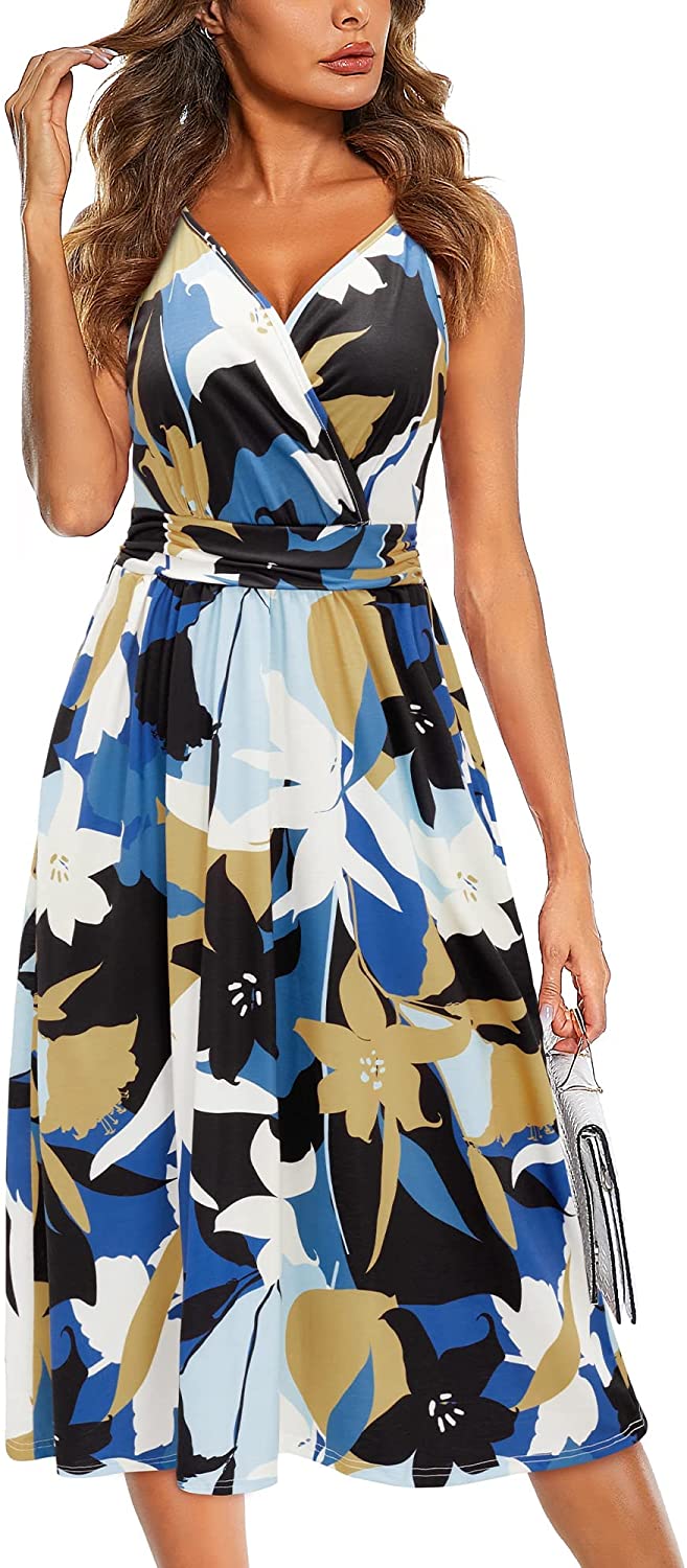 KILIG Women Summer Casual Spaghetti Strap Dresses V Neck Wrap Midi Swing Sundress with Pockets Wine, Medium