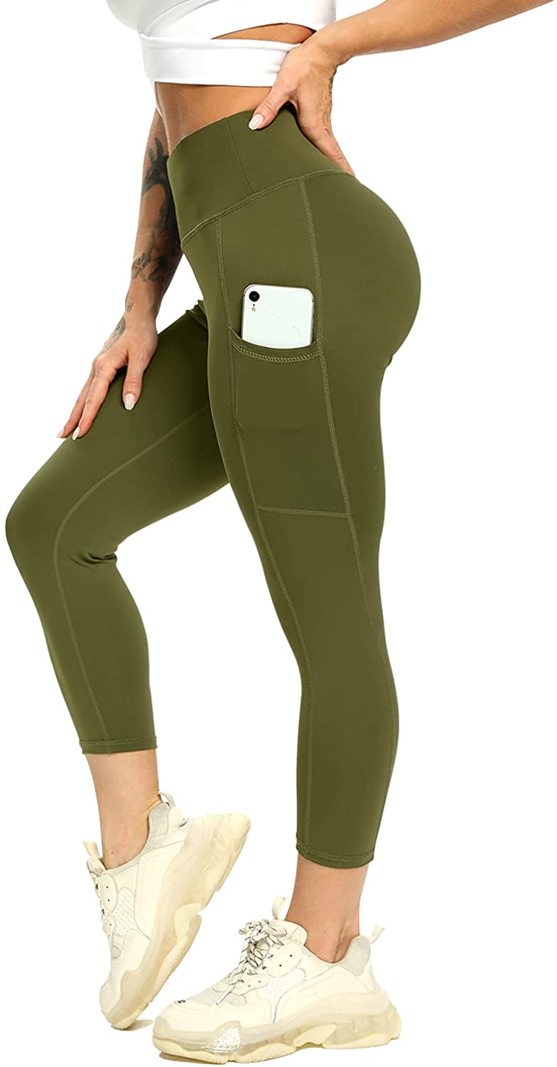 Capris for Womens with Pockets, Women's High Waisted Leggings Exercise Workout  Yoga Pants Knee Length Cropped Pants Dressy Army Green at  Women's  Clothing store