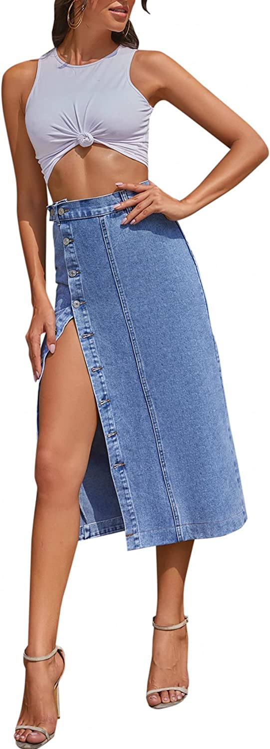 Women's Casual High Waisted Denim Maxi Skirt Split Front