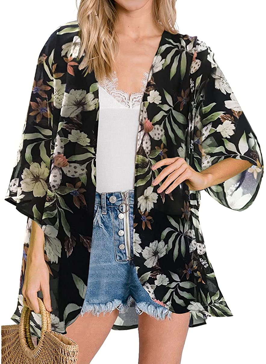 Women's Floral Print Puff Sleeve Kimono Cardigan Loose Cover Up Casual ...