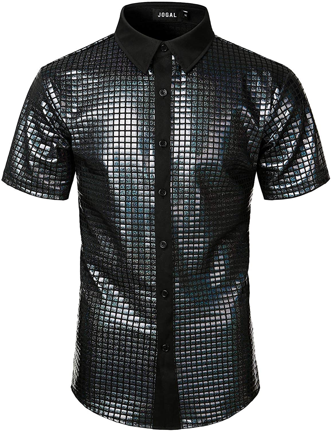 WULFUL Mens Disco Shirt Sequins Short Sleeve Button Down Shirts 70s Party Costume Dress Shirts 