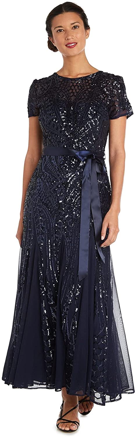 R&M Richards Women's One Piece Short Sleeve Embelished Sequins Gown