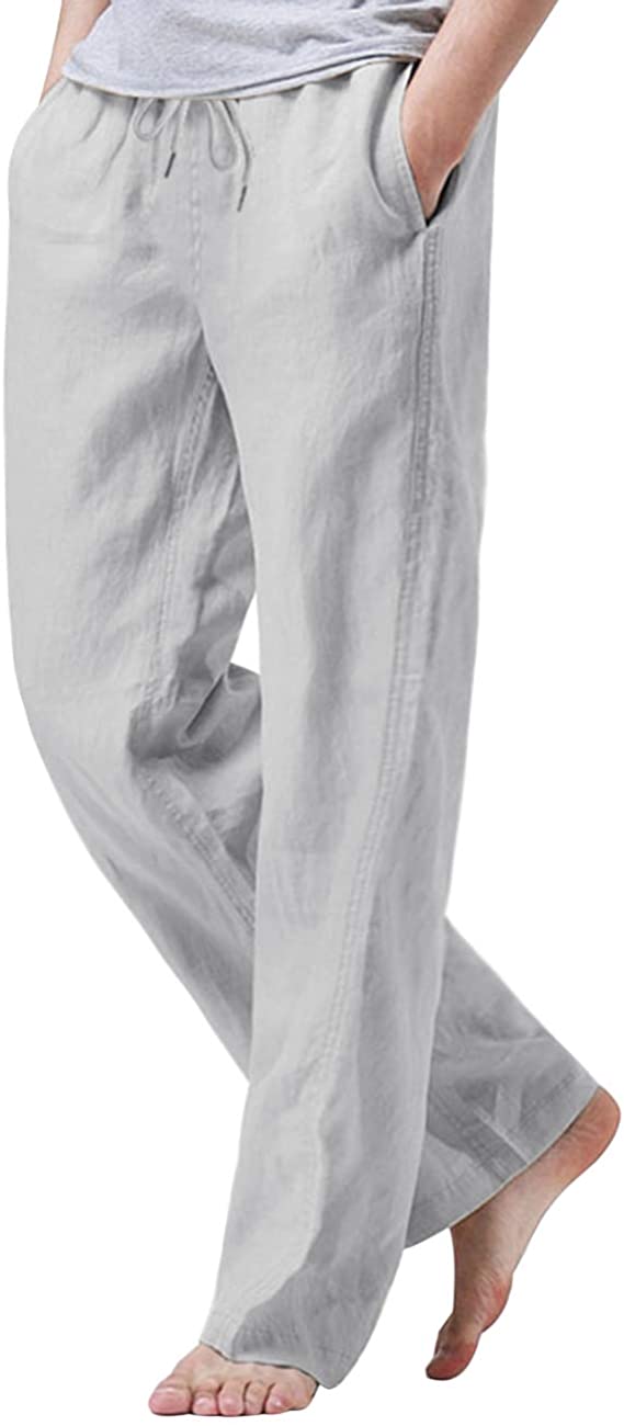 iWoo Mens Cotton Linen Drawstring Pants Elastic Waist Casual Jogger ...