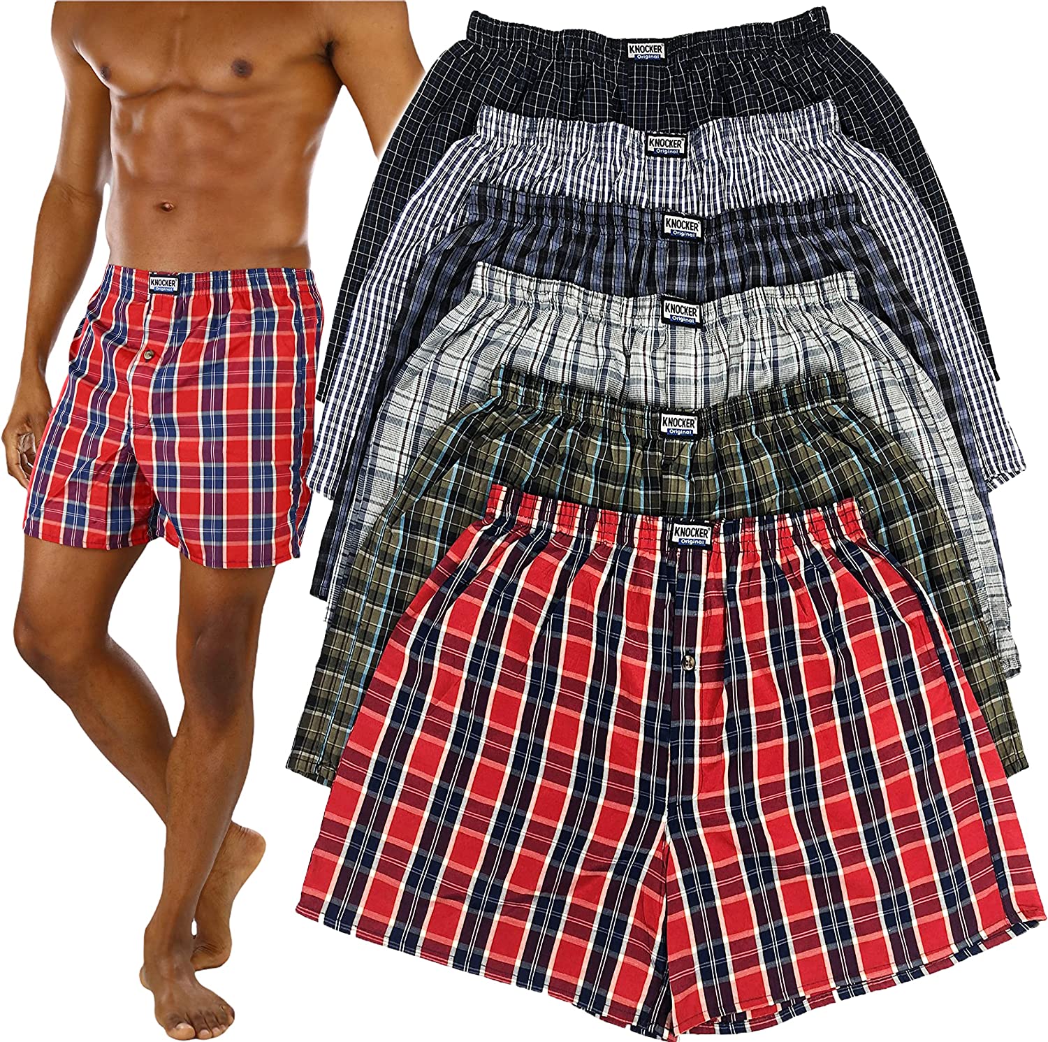 ToBeInStyle Men's Pack of 3 or 6 Button Fly Loose Fit Tartan Plaid