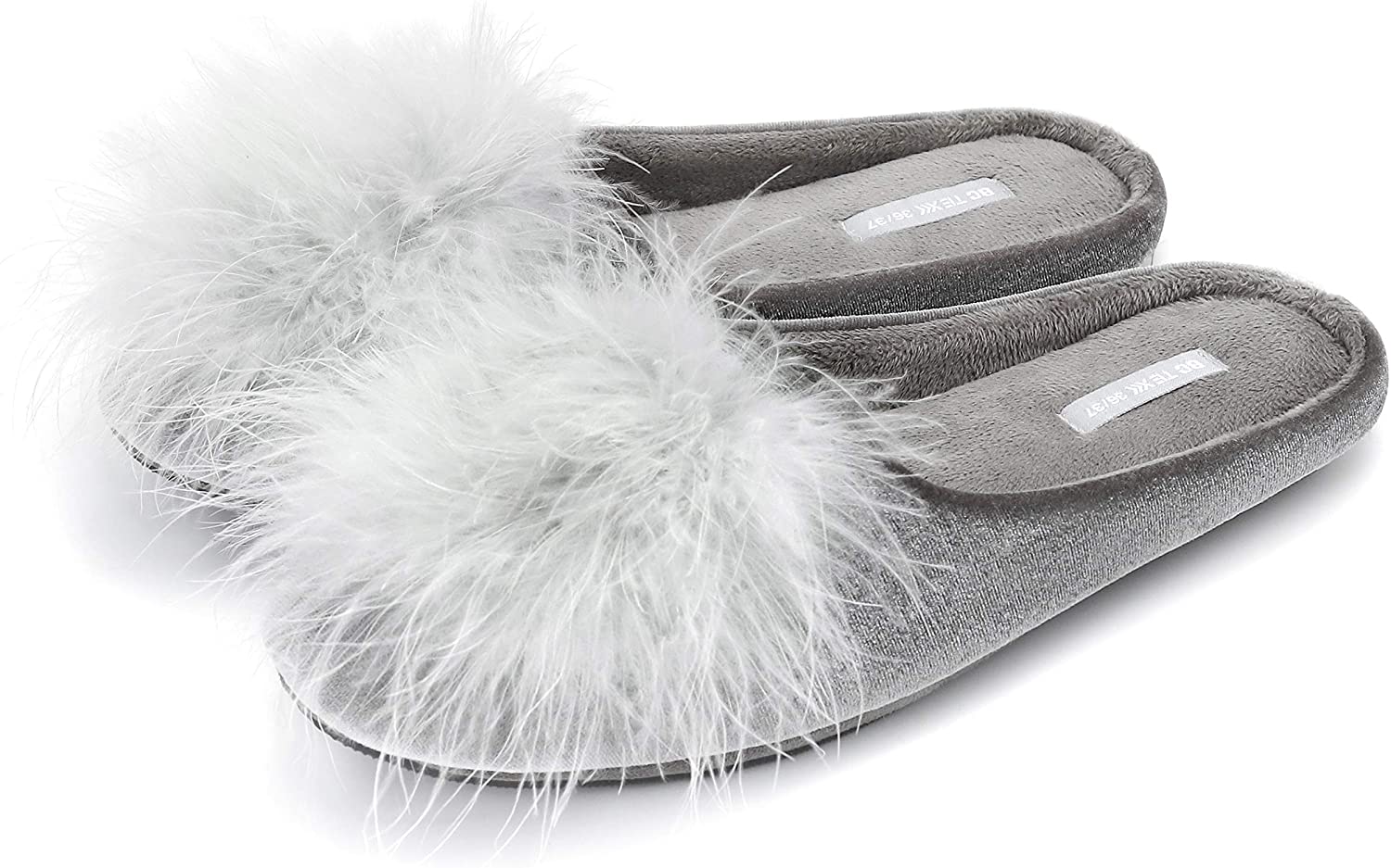 Bctex Coll Lady'S Cozy Velvet Slippers With Fluffy Pom Pom Feather House Bedroo