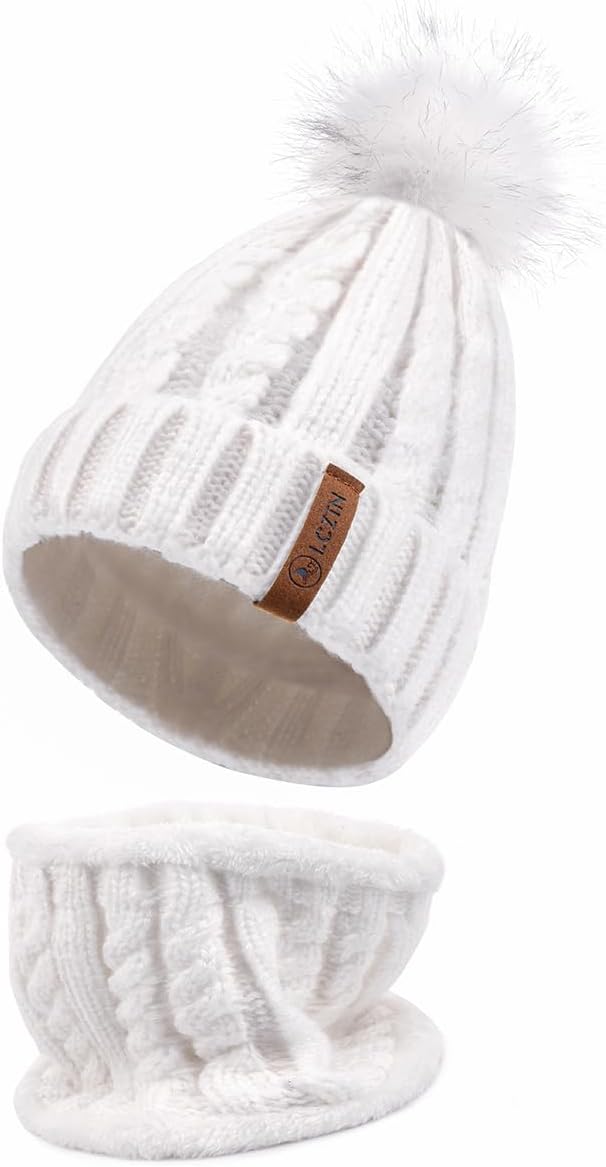 Womens Pom Beanie Hat Scarf Set Girls Cute Winter Ski Hat Slouchy Knit  Skull Cap With Fleece Lined 