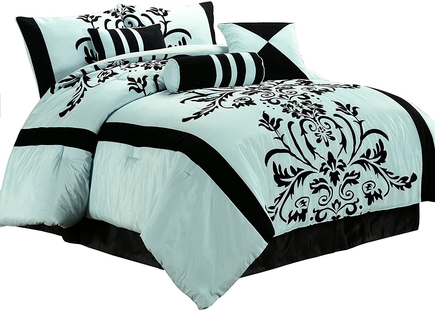 7-Piece Aqua Blue Black Flocked Floral Comforter Set or  4pcs Curtain 