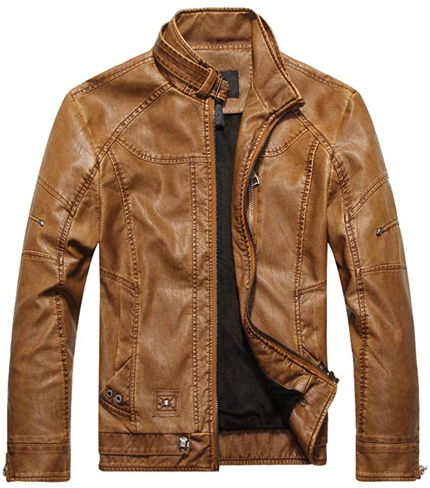 PASOK Men's Faux Leather Jacket Vintage Stand Collar Motorcycle PU Leather  Outwe