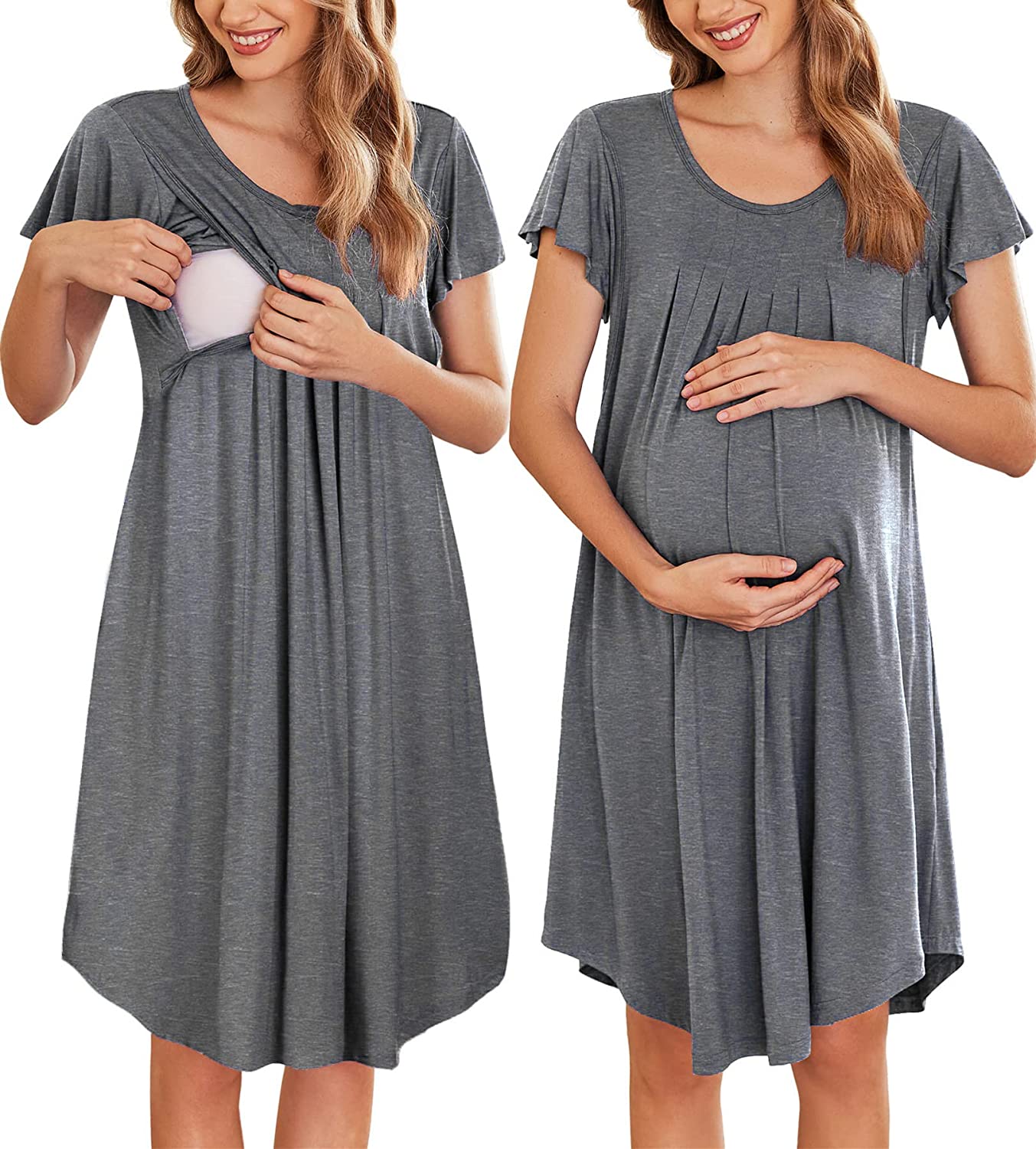 Ekouaer 3 in 1 Maternity Nursing Nightgown Labor/Delivery Hospital Gown  Flare Sl