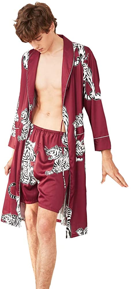 COSOSA Mens Satin Robe with Shorts Nightgown Soft Printed Bathrobes Pajamas Sleepwear 