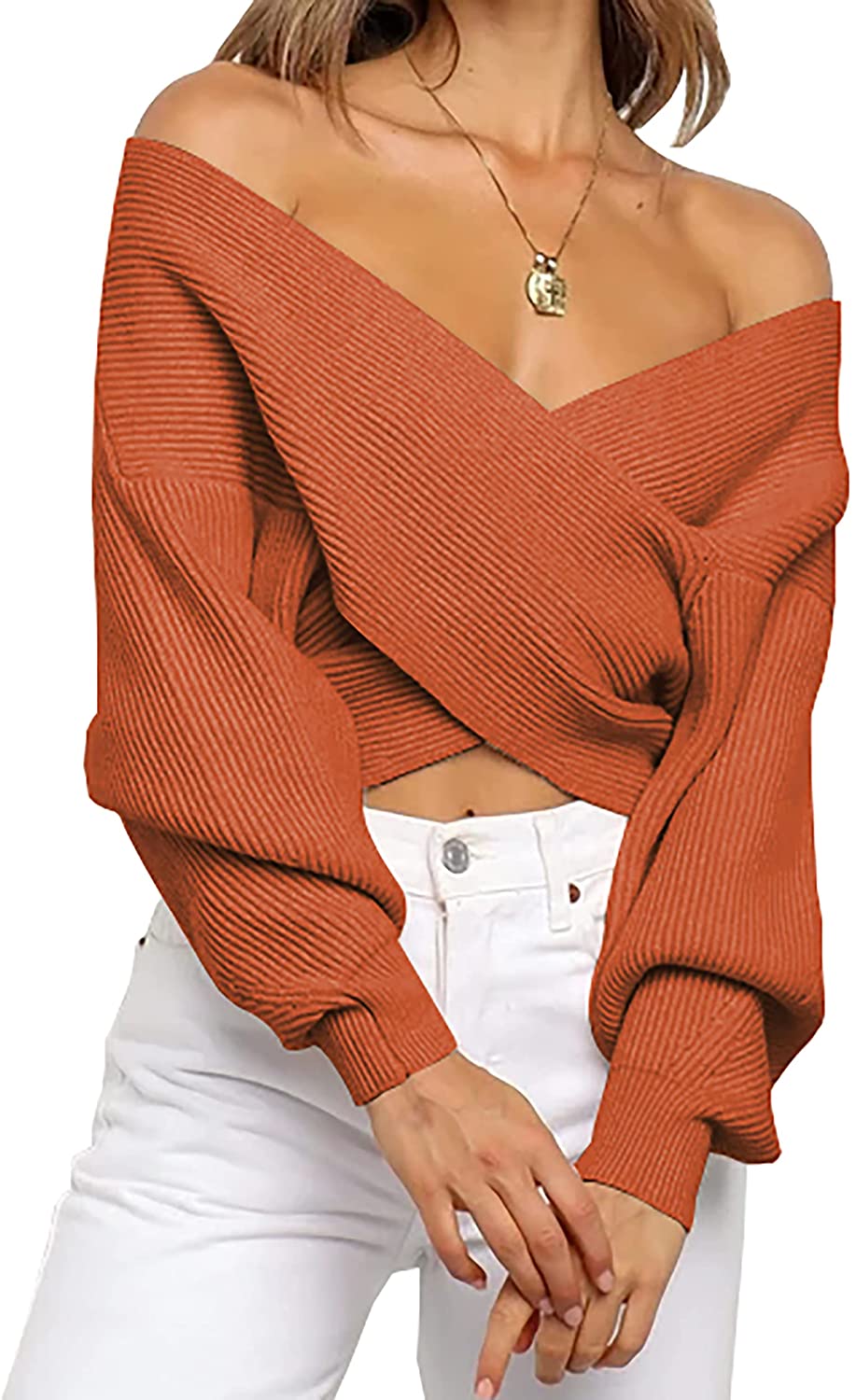 BTFBM Women Casual V Neck Long Sleeve Sweaters Cross Wrap Front