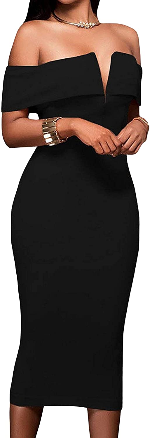 AlvaQ Women's Sexy V Neck Off The Shoulder Evening Bodycon Club Midi Dress  | eBay