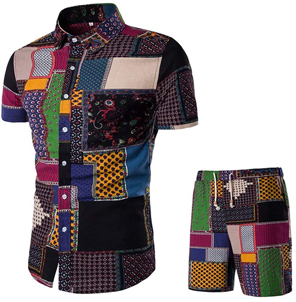 Lavnis Men's Short Sleeve Shirt and Shorts Floral Beach Casual Shirt Suit 