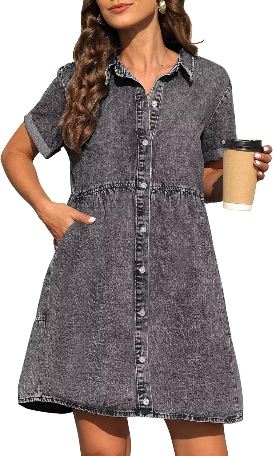 KDF Denim Dress for Women Short Sleeve Babydoll Denim Shirt Dress for Women  : : Clothing, Shoes & Accessories