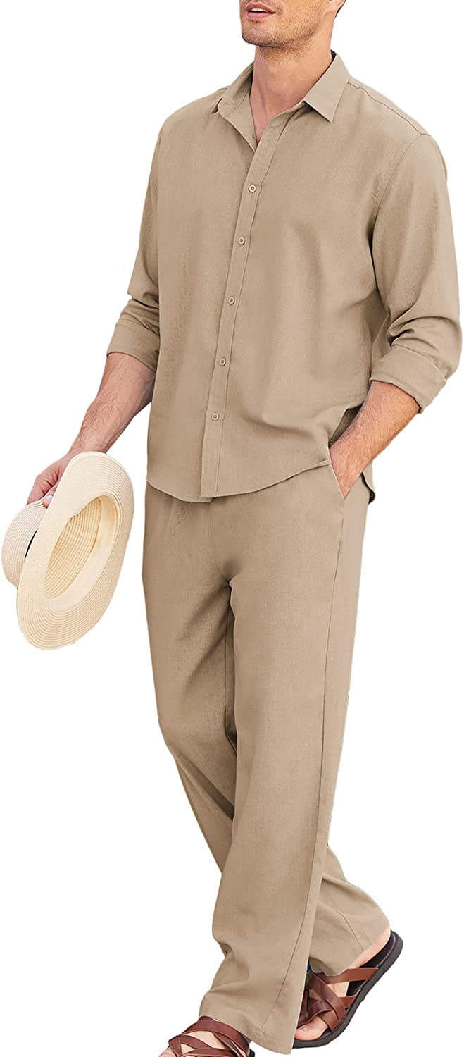 COOFANDY Men 2 Piece Linen Set Outfits Beach Button Up Matching Shirts and  Pants