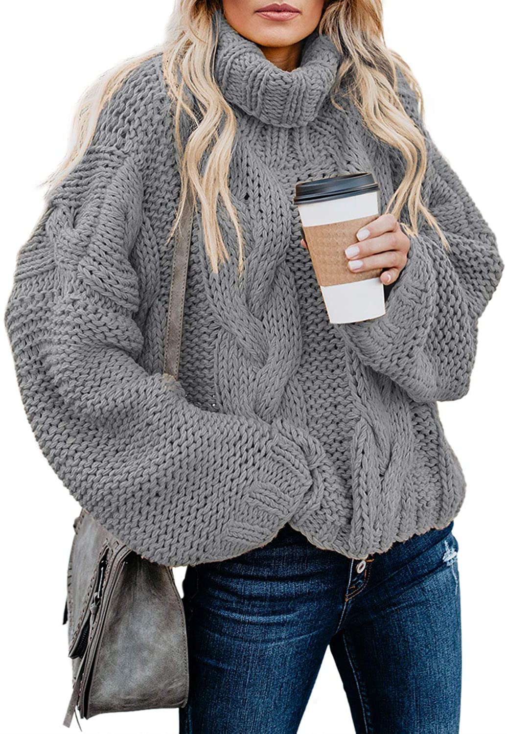 ZKESS Womens Casual Long Sleeve Turtleneck Chunky Knit Pullover Sweater Jumper Tops 