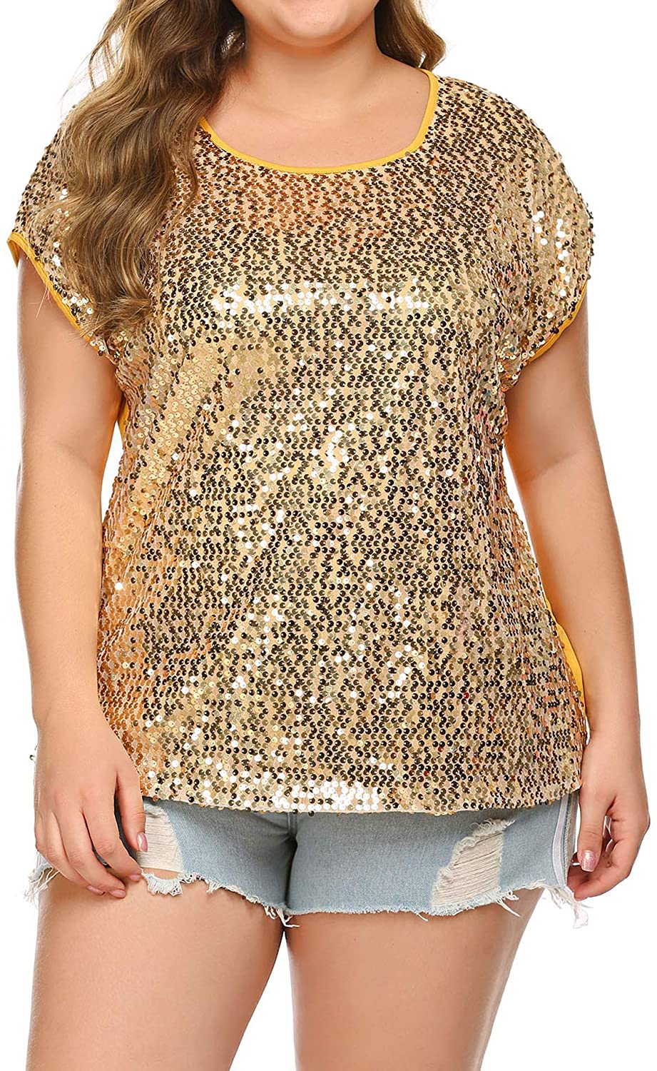 thumbnail 9 - IN&#039;VOLAND Women&#039;s Sequin Tops Plus Size Round Neck Sparkle Top Shimmer Glitter S