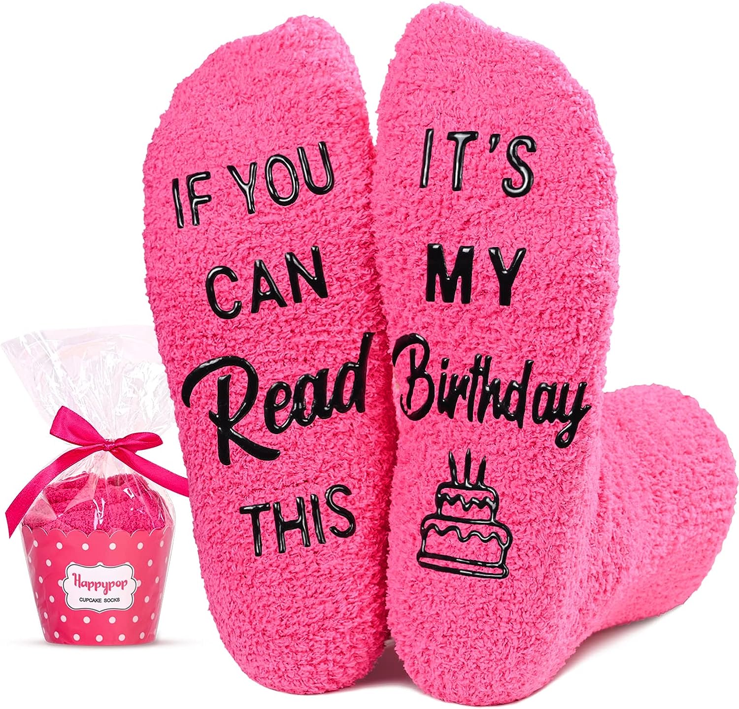 HAPPYPOP Funny Socks for Women Pink Fuzzy Fluffy Cupcake Socks with Funny  Saying