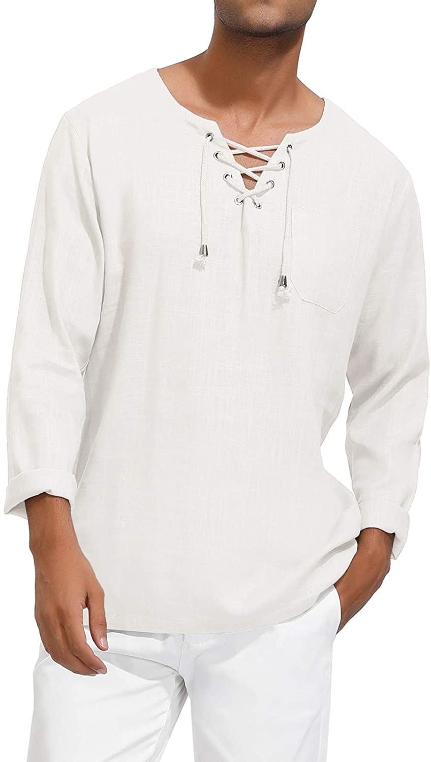 PJ PAUL JONES Men's Casual Long Sleeve Linen Tee Shirt Hippie V Neck Yoga Tops 